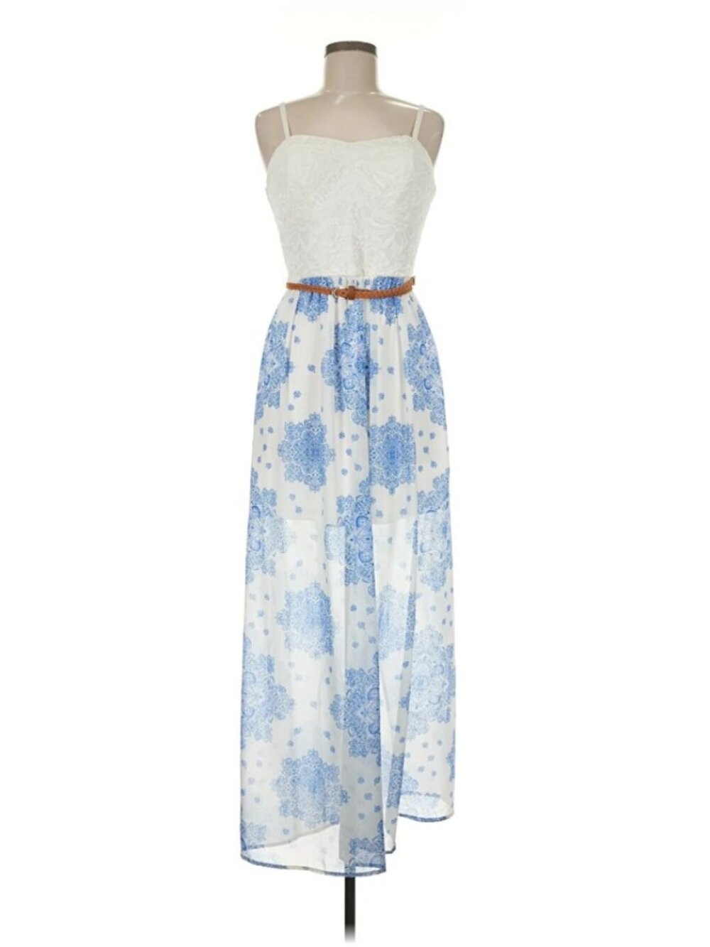 AUW lace/floral white blue maxi Dress Size M